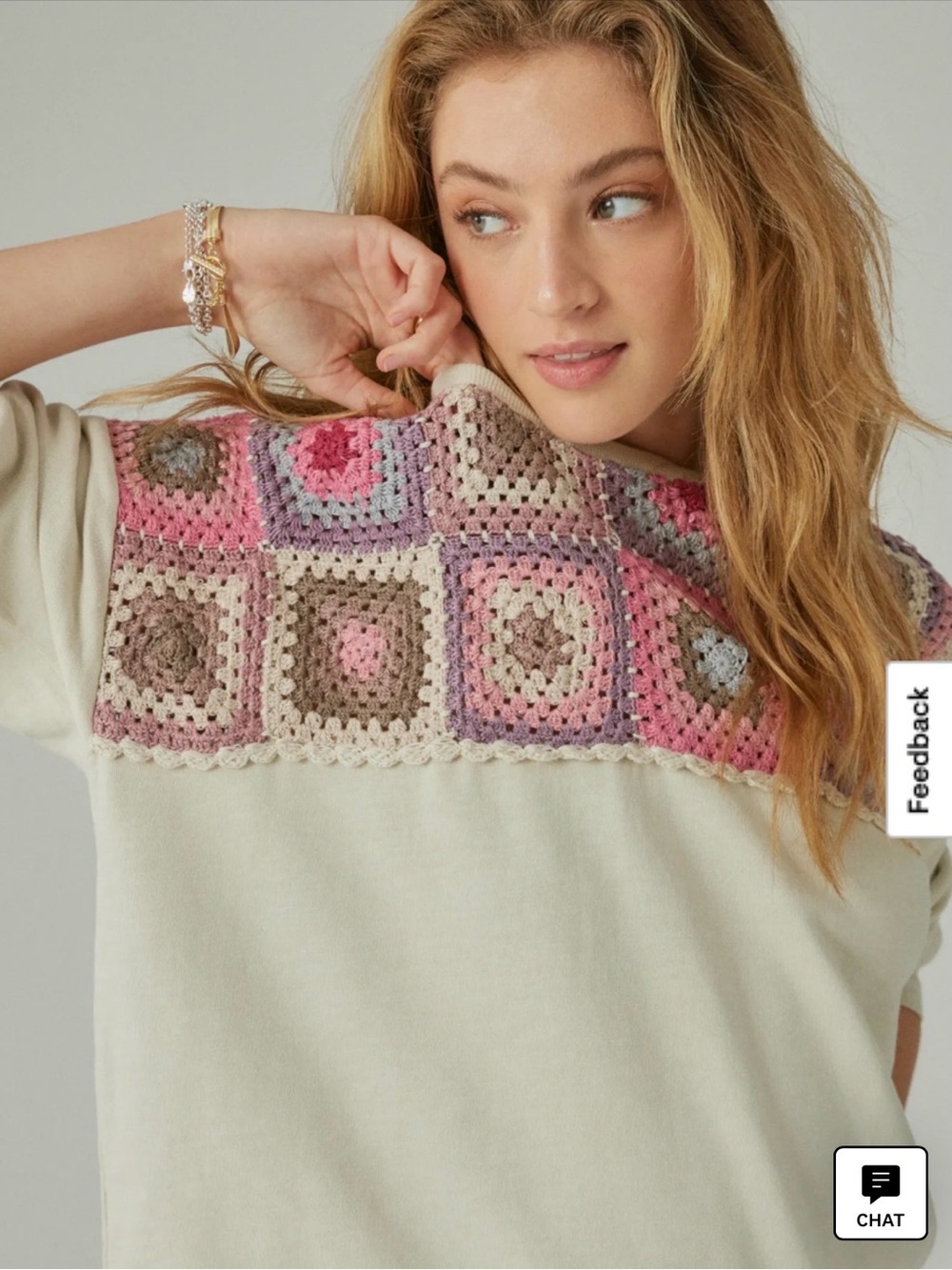 Lucky Brand Crochet Yoke Pullover Granny Square Woven L Boho - Picture 2 of 12